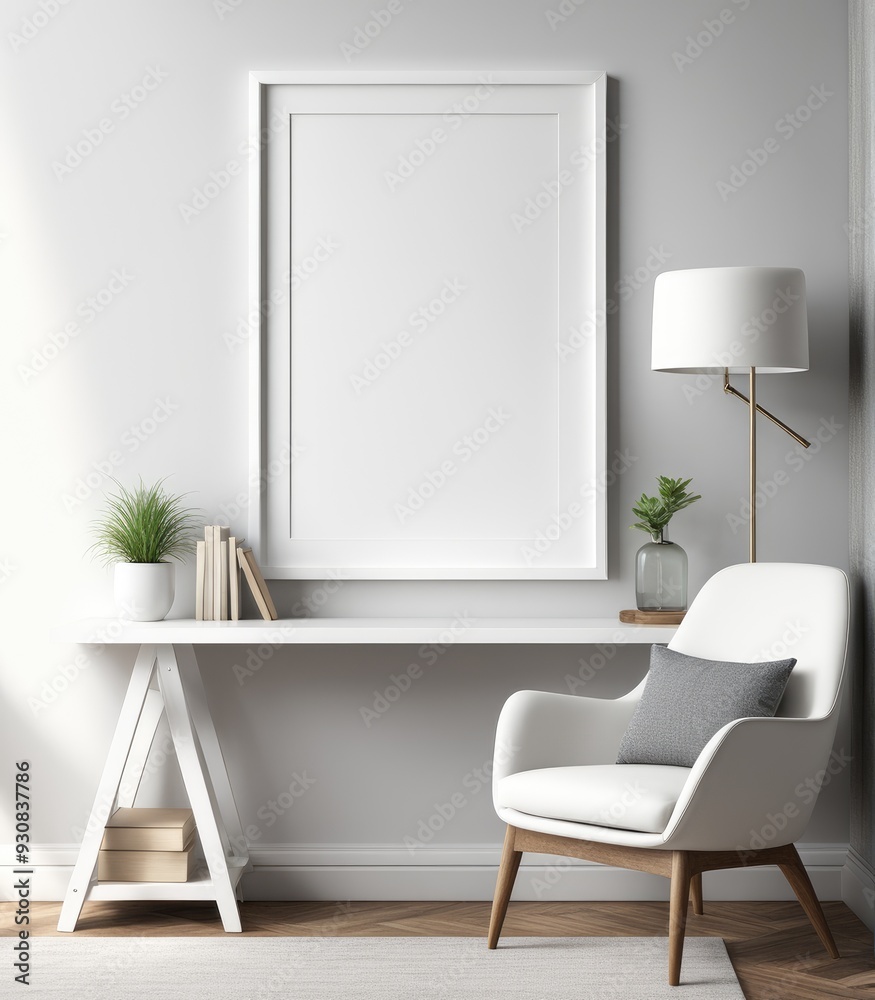 Mockup of a plain white frame in a study interior with rustic decor, 3d rendering Mockup of a plain white frame in a study interior with rustic decor, 3d rendering