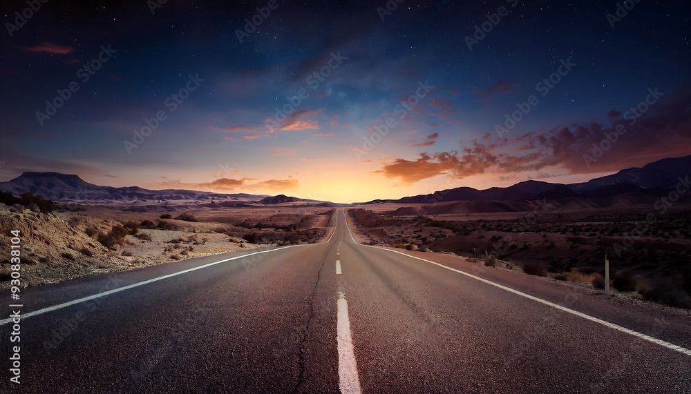 Naklejka premium Open Road night - A vintage-style illustration of a long, empty road. The background featuring road landscape. Graphic art illustration