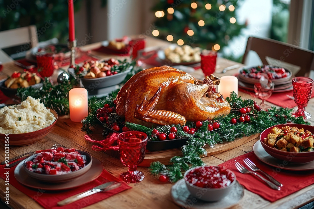 Roasted turkey with mashed potatoes and cranberries on Christmas table