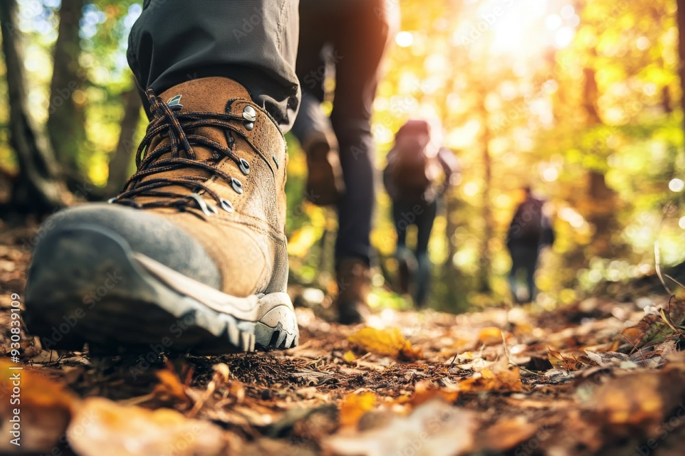 Close-up of hiking boots on a forest path with autumn colors and sunlight, highlighting nature's details and textures, captured with a macro lens. Close-up of hiking boots on a forest path with autumn colors and sunlight, highlighting nature's details and textures, captured with a macro lens.