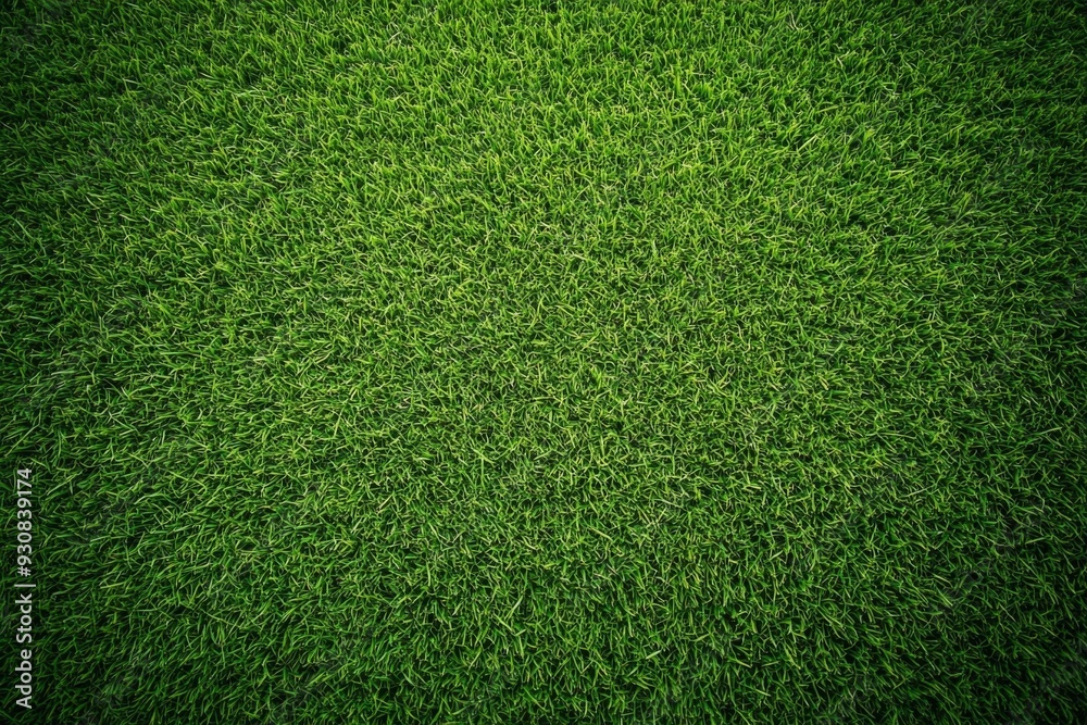 Obraz premium High-resolution top view of a lush green grass texture, ideal for a sports field or football playground, captured with sharp focus using a Sony Alpha A7 III.