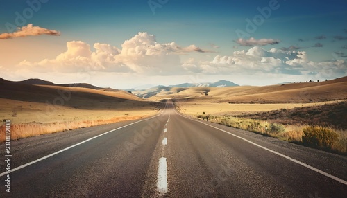 Open Road day - A vintage-style illustration of a long, empty road. The background featuring road landscape. Graphic art illustration poster