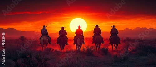 Silhouettes of a group of cowboys gallop on desert at sunset scene