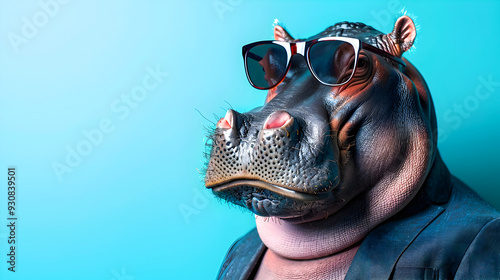 A stylized 3D portrait of a hippo wearing a business suit and sunglasses with a cool confident expression  The image has a wide screen background with copy space for text or graphics