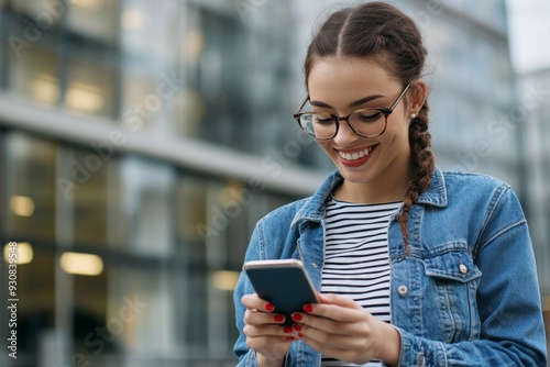 Smiling woman using a smartphone outdoors in the city, wearing glasses and a denim jacket with blurred office buildings in the background.