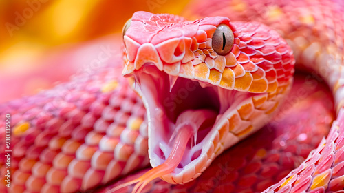 Fierce Dangerous Pink Viper Snake with Bifurcated Tongue Viciously Attacking in a Close up Macro Shot Showcasing its Venomous Fangs Scales and Predatory Nature photo