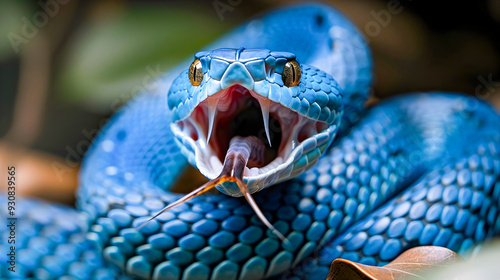 Fierce and Venomous Blue Viper Snake with Open Mouth Revealing Bifurcated Tongue in Natural Habitat  Dangerous Reptilian Predator Closeup Photo