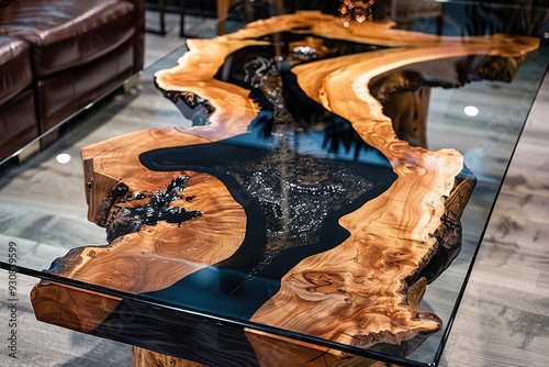 A stunning wooden table with a river-like epoxy resin design, blending nature and craftsmanship.