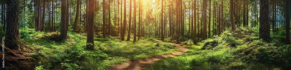 Obraz premium Title: Panoramic view of an old pine forest with sunlit branches and a narrow path leading to diverging trails, symbolizing choice and adventure.