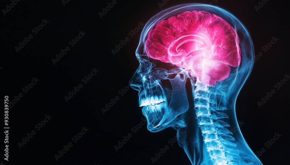 X-ray image showing a detailed side view of a human skull and brain, highlighting the structures with vibrant red and blue colors. X-ray image showing a detailed side view of a human skull and brain, highlighting the structures with vibrant red and blue colors.