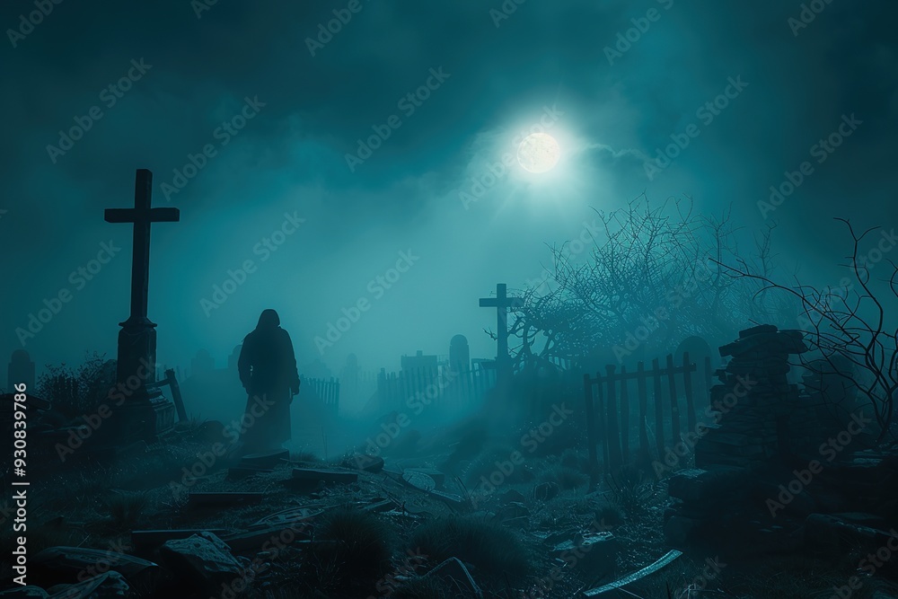 A haunting graveyard scene under a full moon, shrouded in mist and mystery. A haunting graveyard scene under a full moon, shrouded in mist and mystery.