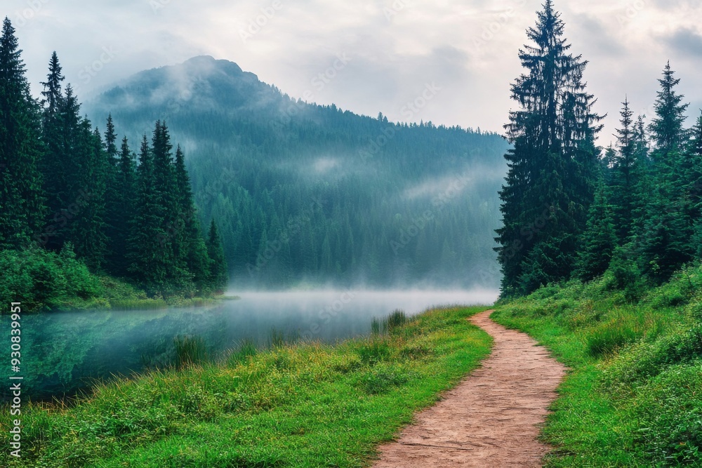 Fototapeta premium Path through dense forest to a serene lake in the Carpathian Mountains, with misty peaks and vibrant green grass.