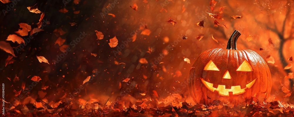 Fototapeta premium A glowing pumpkin sits amidst falling leaves, capturing the essence of Halloween with warm, vibrant colors and autumn atmosphere.