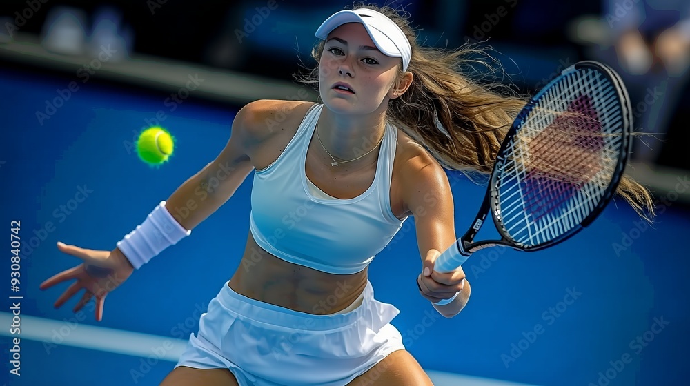© utaem2022 - Skilled female tennis player in white sportswear demonstrates her agility and focus during a professional match on a blue outdoor court in this action packed image
