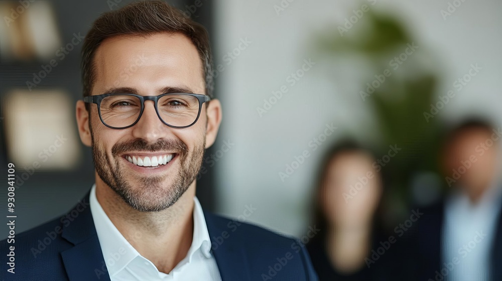 Fototapeta premium Smiling manager reviewing progress with employees, business success, driving innovation in the workplace