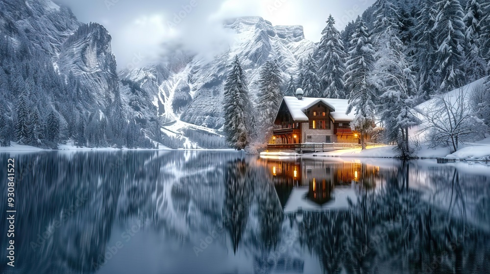 Fototapeta premium Snow-Covered Cabin by a Tranquil Mountain Lake in Winter, Cozy Lights Reflecting on Water