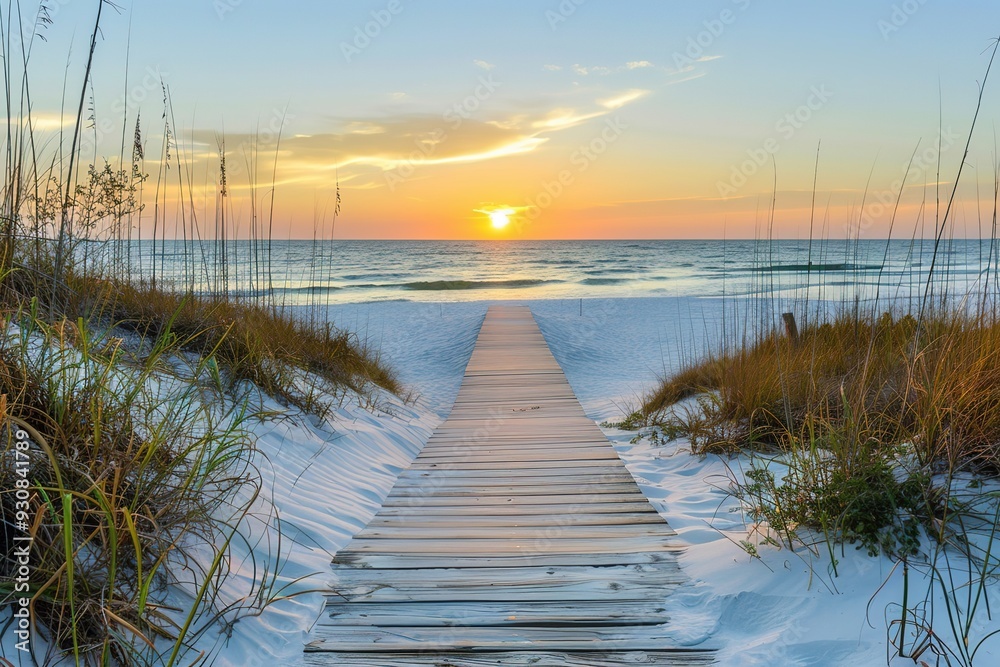 Obraz premium A serene beach pathway leading to a sunset over the ocean, surrounded by grass and sand.