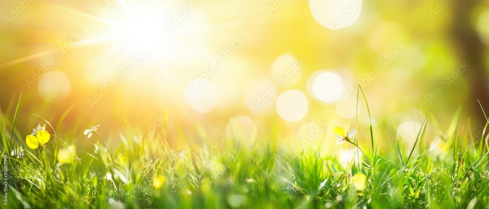 Obraz premium Beautiful blurred spring nature background with bokeh, green grass, and sun flare on a sunny day, ideal for a healthy lifestyle concept.
