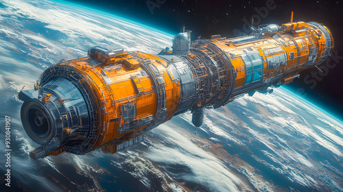 Abstract illustration of a research station in outer space, with planet Earth in the background. Sketch of the structure and detailed images of the space station.