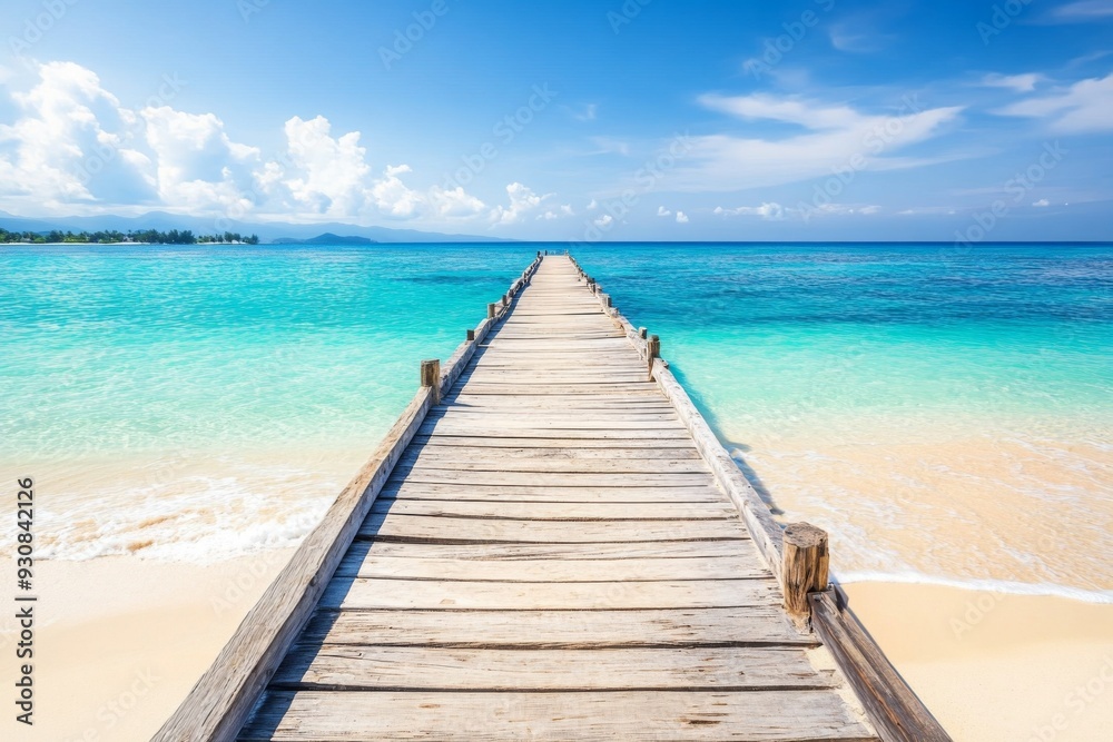 Wooden pier extending into turquoise ocean with white sand beach and clear water in a wide-angle view. Wooden pier extending into turquoise ocean with white sand beach and clear water in a wide-angle view.
