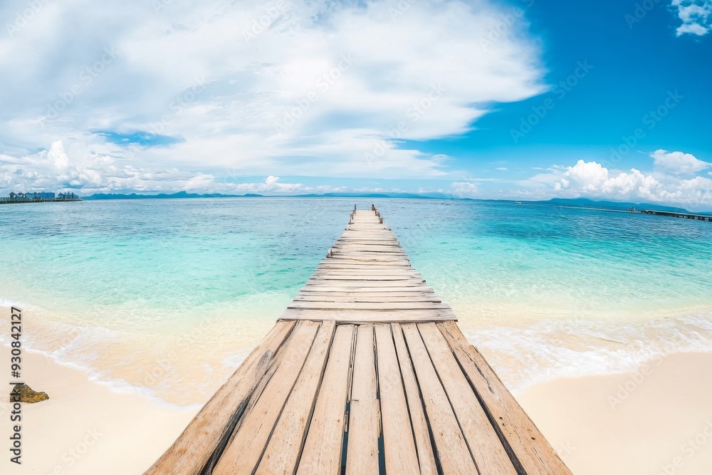 Obraz premium Wooden pier extending into turquoise ocean with white sand beach and clear water in a wide-angle view.