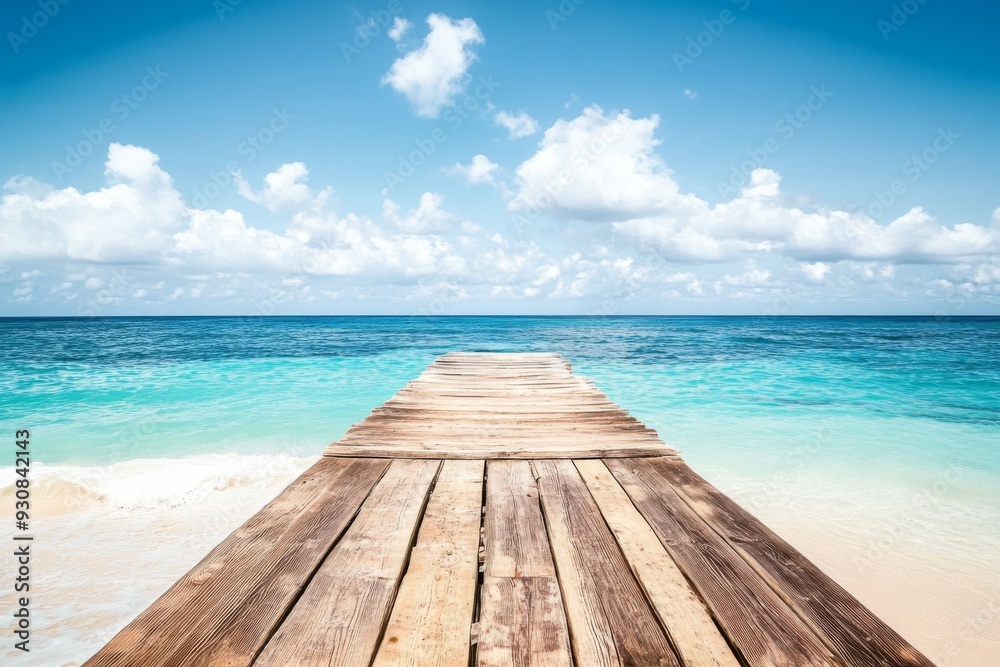 Fototapeta premium Wooden pier extending into turquoise ocean with white sand beach and clear water in a wide-angle view.
