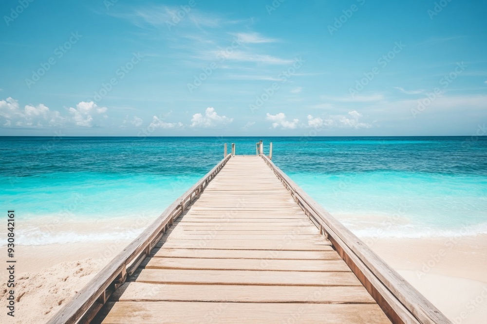 Wooden pier extending into turquoise ocean with white sand beach and clear water in a wide-angle view. Wooden pier extending into turquoise ocean with white sand beach and clear water in a wide-angle view.