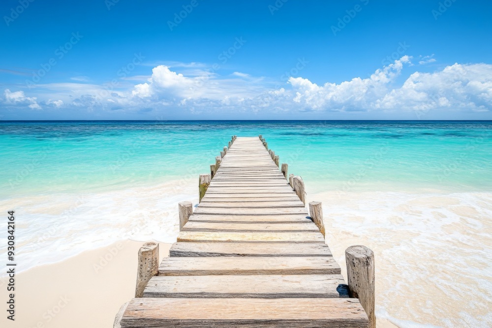 Wooden pier extending into turquoise ocean with white sand beach and clear water in a wide-angle view. Wooden pier extending into turquoise ocean with white sand beach and clear water in a wide-angle view.