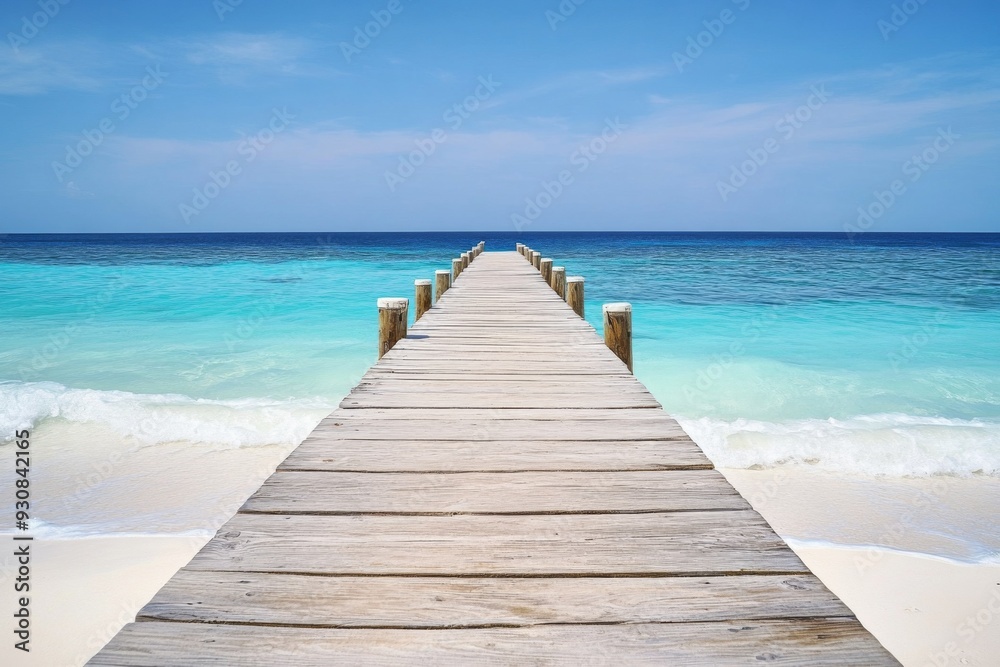 Wooden pier extending into turquoise ocean with white sand beach and clear water in a wide-angle view. Wooden pier extending into turquoise ocean with white sand beach and clear water in a wide-angle view.