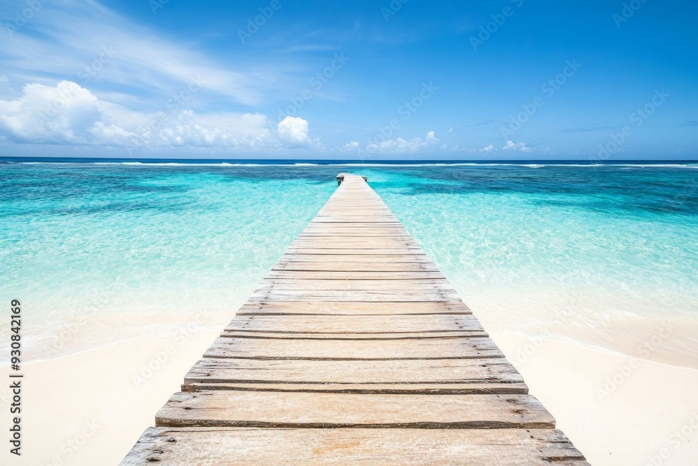Obraz premium Wooden pier extending into turquoise ocean with white sand beach and clear water in a wide-angle view.