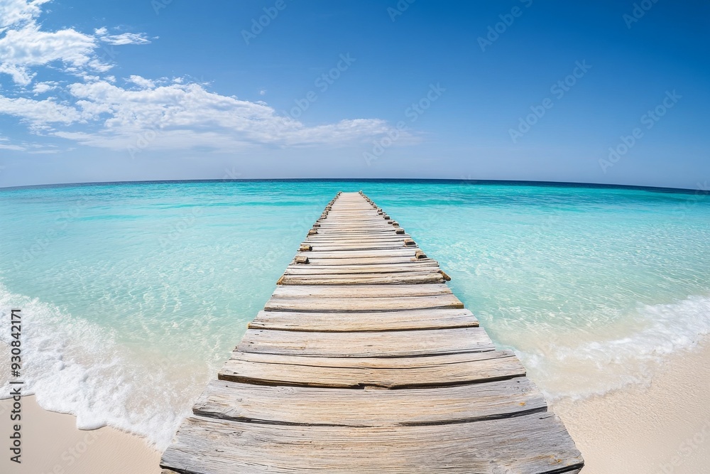 Wooden pier extending into turquoise ocean with white sand beach and clear water in a wide-angle view. Wooden pier extending into turquoise ocean with white sand beach and clear water in a wide-angle view.