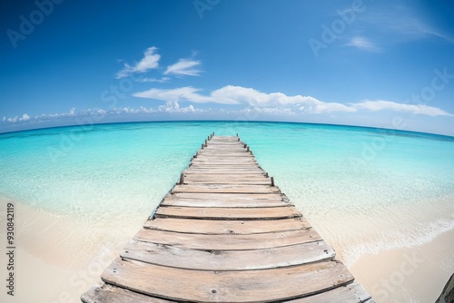 Wooden pier extending into turquoise ocean with white sand beach and clear water in a wide-angle view.