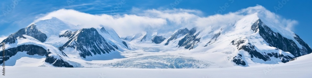 Snow-covered mountain panorama with towering peaks, blue sky, and ice wall with rocks. Vast and detailed snowy landscape. Snow-covered mountain panorama with towering peaks, blue sky, and ice wall with rocks. Vast and detailed snowy landscape.