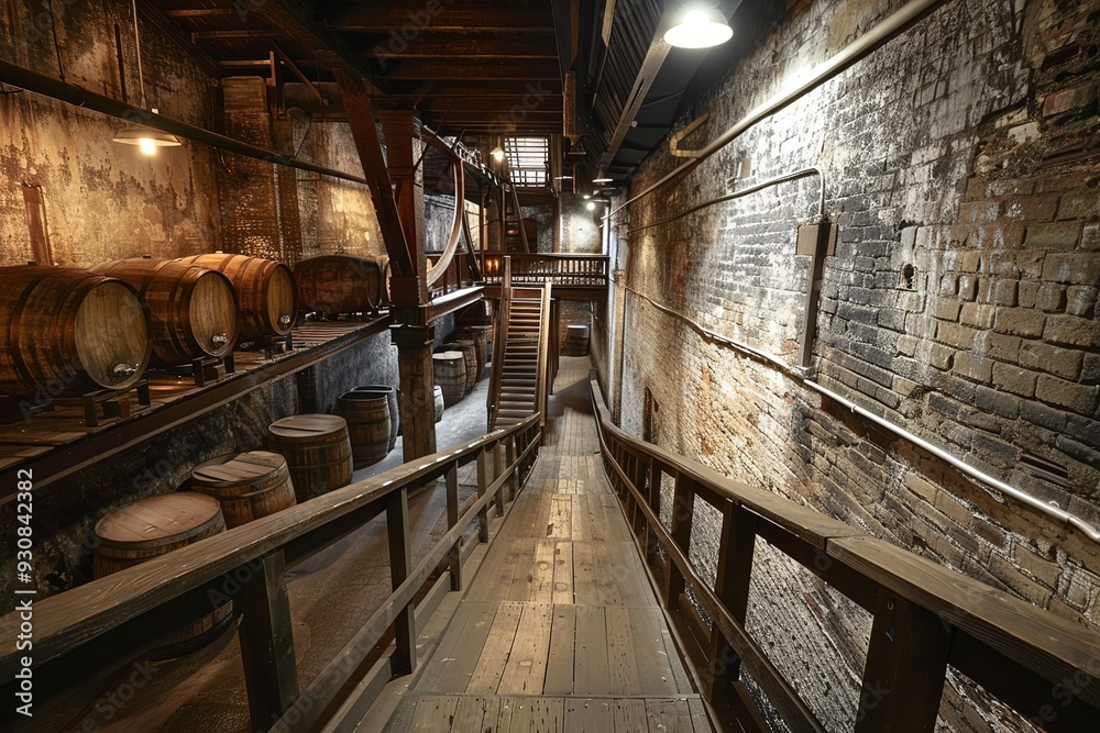 Obraz premium A rustic interior of a distillery featuring wooden barrels and a staircase.