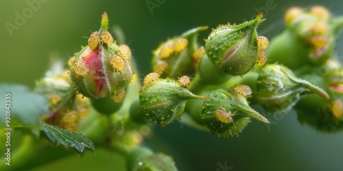 Rose Buds Infested with Aphids and Spider Mites Pest Management and Common Rose Diseases Tetranychidae Aphidoidea Macrosiphum Arge pagana Species Details in Close up Macro Photography with photo