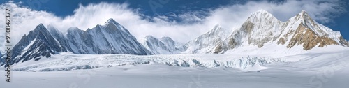 Snow-covered mountain panorama with towering peaks, blue sky, and ice wall with rocks. Vast and detailed snowy landscape.