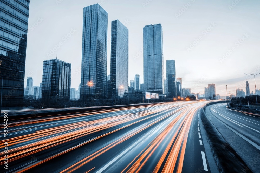 Futuristic Cityscape with Skyscrapers, Motion Blur from Cars, Digital Screens, and Soft Lighting Highlighting Architectural Innovation and Technological Advancement Futuristic Cityscape with Skyscrapers, Motion Blur from Cars, Digital Screens, and Soft Lighting Highlighting Architectural Innovation and Technological Advancement
