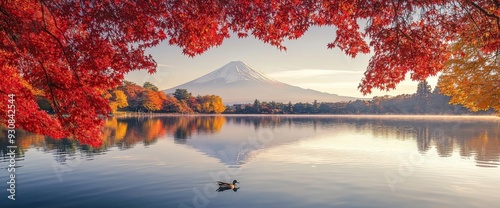 Autumn Leaves Frame Mount Fuji Reflected in Lake Idegawa at Sunrise with Duck Gliding on Calm Water, Crisp Details, Vibrant Colors