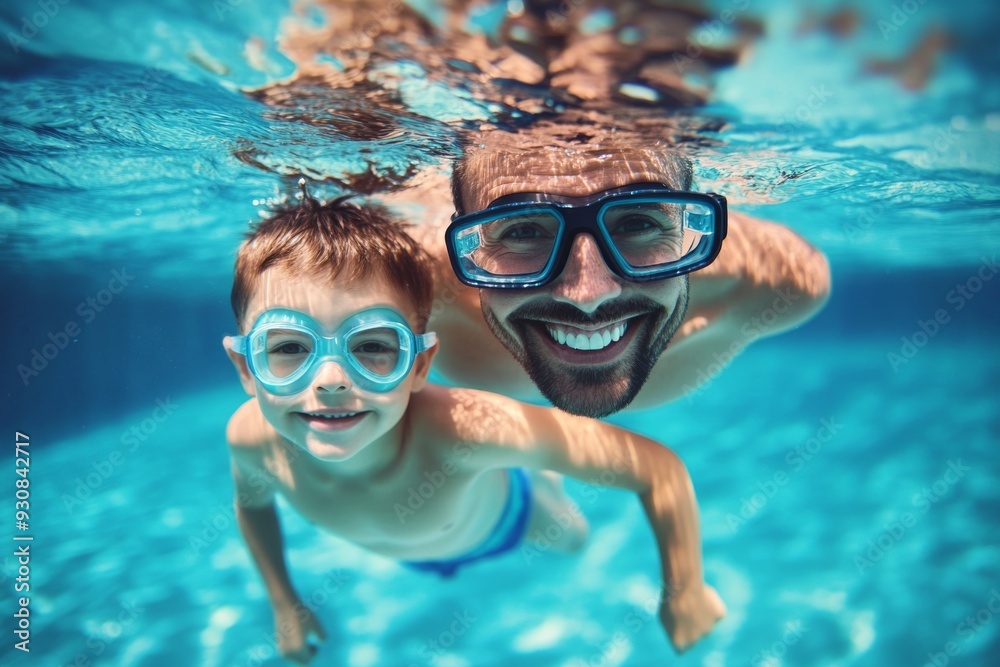 Naklejka premium Father and son swimming underwater in a pool, wearing goggles and smiling at the camera, high-resolution, professional color grading, sharp focus, and soft shadows.