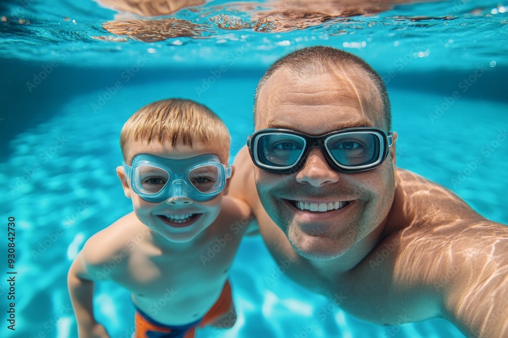 Fototapeta premium Father and son swimming underwater in a pool, wearing goggles and smiling at the camera, high-resolution, professional color grading, sharp focus, and soft shadows.
