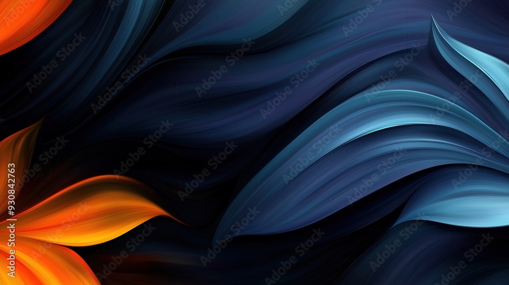 Obraz premium Flowing abstract brush strokes in dark blue and orange tones, thick brush texture, background wallpaper