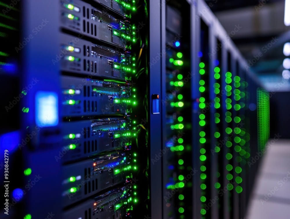 Close-up view of modern server racks in a data center, showcasing illuminated servers and advanced technology for storage solutions.