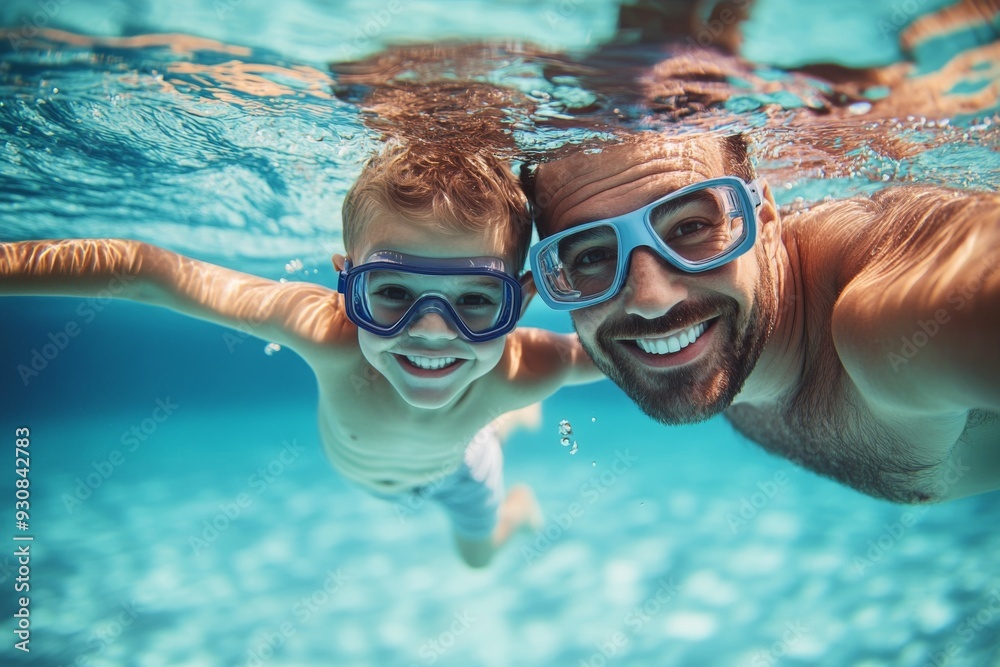 Fototapeta premium Father and son swimming underwater in a pool, wearing goggles and smiling at the camera, high-resolution, professional color grading, sharp focus, and soft shadows.