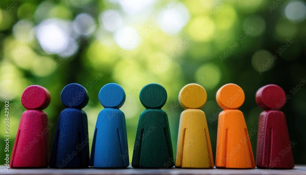 Colorful wooden figures representing diversity and community, standing in a row against a blurred green background. Colorful wooden figures representing diversity and community, standing in a row against a blurred green background.