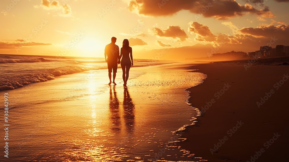 A romantic couple walks hand in hand along a serene beach at sunset, creating a beautiful silhouette against the glowing sky. A romantic couple walks hand in hand along a serene beach at sunset, creating a beautiful silhouette against the glowing sky.