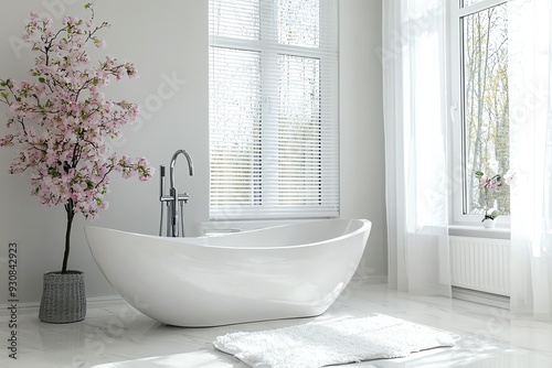 A serene bathroom featuring a modern white bathtub, soft lighting, and a beautiful blooming flower arrangement. photo