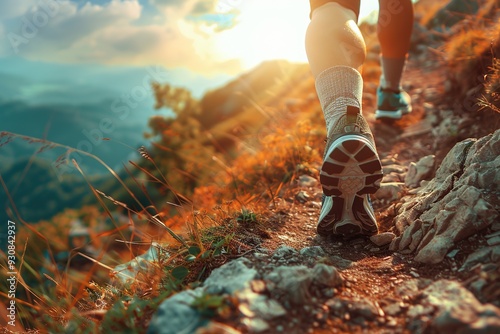 A person hiking on a rocky trail during sunset, showcasing an adventurous outdoor lifestyle.