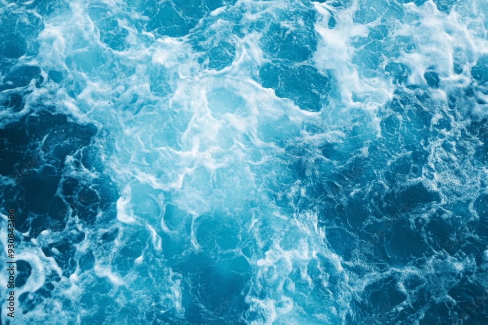 Top view of blue ocean water with intricate wave textures and water splashes, creating an abstract background of the sea surface, showcasing the dynamic movement and vibrant blue tones of the ocean. Top view of blue ocean water with intricate wave textures and water splashes, creating an abstract background of the sea surface, showcasing the dynamic movement and vibrant blue tones of the ocean.
