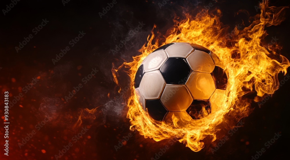 Fototapeta premium A dynamic soccer ball engulfed in vibrant flames, vividly representing the energy and passion for the game