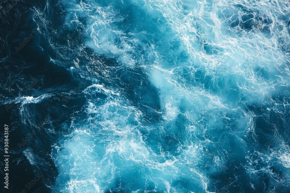 Top view of blue ocean water with intricate wave textures and water splashes, creating an abstract background of the sea surface, showcasing the dynamic movement and vibrant blue tones of the ocean. Top view of blue ocean water with intricate wave textures and water splashes, creating an abstract background of the sea surface, showcasing the dynamic movement and vibrant blue tones of the ocean.